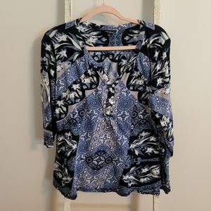 Lucky Brand 2X 3/4 sleeve linen blend floral paisley print top